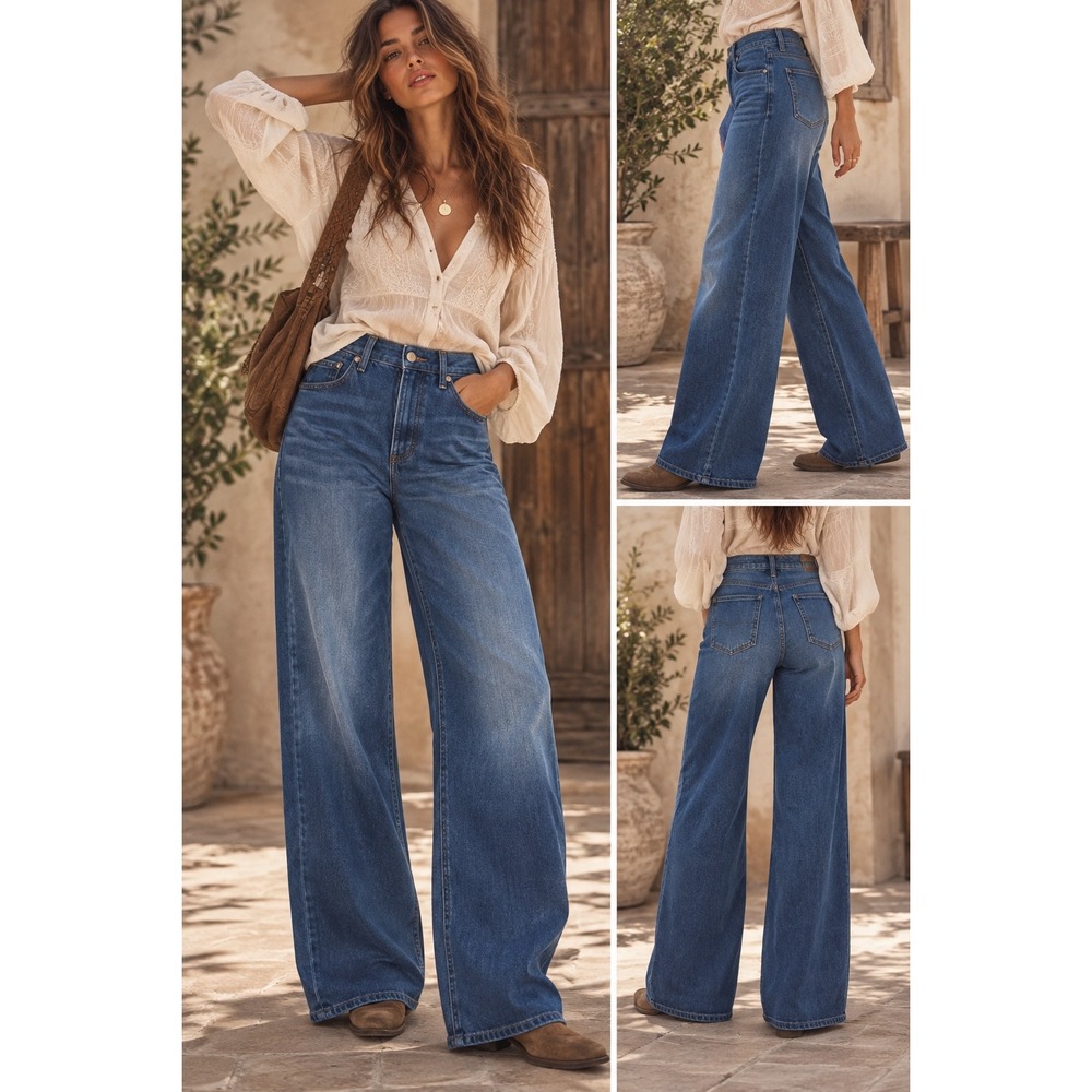 Lucky Brand High Rise Wide Leg Jeans Dark Wash Blue Size 2/26 Button Fly